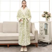 Winter Thickened Flannel Kimono Bathrobes Women Vintage Floral Jacquard Women's Thicken Warm Plush Bath Robe Pajamas Sleepwear M žalia