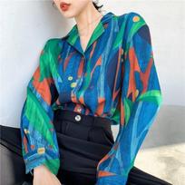 Spring and Autumn New Style Hong Kong Style Retro Colorful Oil Painting French Floral Shirt Temperament Shirt for Women S mėlyna