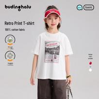 Pudding Haru Girls' 100% Cotton Retro Print T-Shirt 150 pilkšvai balta