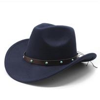 Ethnic Style Adjustable Breathable Western Cowboy Sun Hat Tibetan Concave Top Upturned Edge Felt Hat for Outdoor M（56-59cm） tamsiai mėlyna spalva