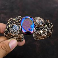Titano Druzy Apyrankė Vario viela apvyniota apyrankė Vaivorykštinio mėnulio akmens apyrankė Brangakmenis Vario papuošalas Rankų darbo Reguliuojama apyrankė dovanoms Adjustable