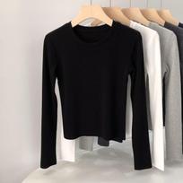 Spicy Girl Autumn/Winter Slimming Long Sleeve Women's T-shirt: Round Neck, Drop Shoulder, Cropped, Waist-Cinched. L (Weight 105-115) juoda