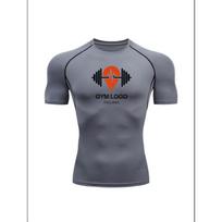 Men'S Grey Gym Location Dumbbell Heartbeat Print Compression T-Shirt, Quick Dry Short Sleeve Gym Workout Tee, Muscle Fit Athletic Training Top for Men S