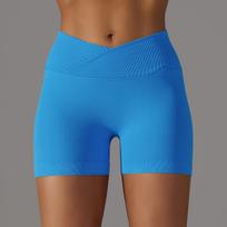 Crossover Waist Women Sport Shorts Yoga Shorts Gym Workout Running High Waist Yoga Shorts Push Up Hip Seamless Fitness Shorts S mėlyna