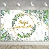 2D Meine Jugendweihe Ceremony Backdrop, Green Foliage & Gold Lettering Party Background 47.2x31.5inch/120*80cm