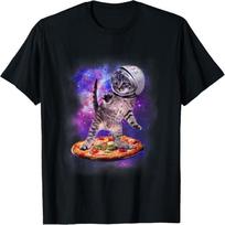 Funny Cat Flying A Pizza Astronaut Kitten Space T-Shirt S įvairiaspalvis