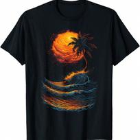 Summer Sunset Beach Palm Tree Ocean Waves Graphic Design T-Shirt S įvairiaspalvis