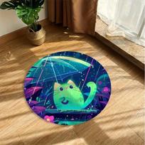 Rainbow Cat Umbrella Round Rug Flannel Whimsical Kids Playroom Floor Mat Nursery Decor Gift 60cm x 60cm