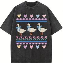 Cute Goose Hearts Tulips Print T-Shirt Casual Crew Neck Ethnic Art Duck Graphic Tee  Art Top Trendy Summer S