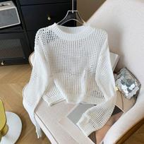 Fashion Loose Hollow Out Sunscreen Knitted Sweater for Women Autumn Thin Long Sleeve Round Neck Pullover Knitwear Women Elegant Casual Sweaters 24799 One Size balta