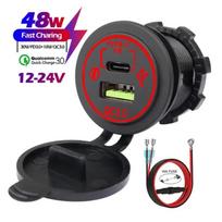 12V Quick Charge 3.0 USB C Car Charger Waterproof QC3.0 PD Fast Charger Socket Power Outlet for Car Motorcycle Boat Marine Bus raudona