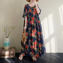 Real Shot Summer Thin Cotton and Linen Round Neck Short Sleeve Flower Simple Bohemian Long Dress Skirt Women Large size average size
