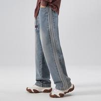 American Jeans Men's Hong Kong Style Retro Old Loose Straight Pants Spring and Autumn High Street Drooping Trousers S mėlyna