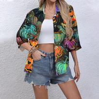 Women's Casual Printing Button-down Shirt Three-quarter Sleeve Dress Shirt Lapel Work Shirt With Pockets L tamsiai žalia spalva