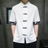 Japanese Kimono Shirt Men Chinese Retro Casual Print Cotton Linen Stitching Short-sleeved Tops Summer Top Quality Men Streetwear M balta