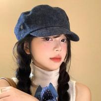 Vintage Demin Beret Flat Brim Octagonal Hat Korean British Style Painter Cap  Streetwear tamsiai mėlyna spalva