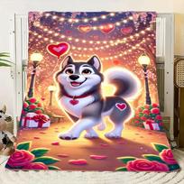 Cheerful Animated Husky Dog in Whimsical Valentine's Day Scene Throw Blanket - Cozy Soft Fleece with Romantic Red Heart Balloons 75cmx90cm