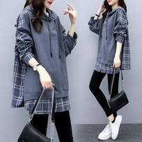 Plaid Stitching Fake Two-piece Long-sleeved Sweater Women's Spring Loose Hooded Mid-length T-shirt Top XS tamsiai mėlyna spalva