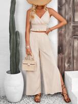 Women's Jacquard Striped Wrap Sling Straight Slitted Casual Pants Summer Women's Two-piece Pants Set M abrikosas