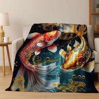 Luxurious Lucky Koi Fish Yin Yang Carp Cartoon Flannel Blanket,Cozy Soft Throw Blanket for Home Bedroom Bed Sofa Cover Gift Kid 75x90cm