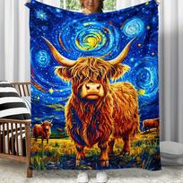 Highland cow starry night Van Gogh style artwork blanket galaxy sky animal print unique art throw 75x90cm