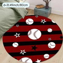 Baseball Stars Stripes Round Rug Sports Theme Flannel Carpet for Game Room Bedroom Decorative Non Slip Washable Floor Mat 60cm x 60cm