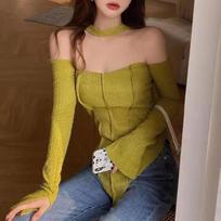 Sexy Wrapped Chest Strap Long Sleeve Blouse Slim Fit Cropped Top Ladies Halter Camisole Fashion S  juoda