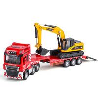1/48 Platform Trailer Towing Excavator Model Toys Metal Diecast Sound Light Doors Opened Toy Engineering Vehicles for Boys Gifts raudona