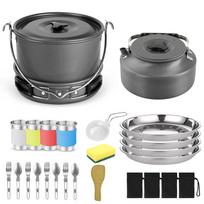 1.6L Outdoor Camping Teapot & Nesting Cookware Set with Hanging Pot and Deep Plate
