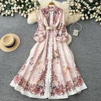 Women's Vintage Floral Print Long Maxi Dress Spring Stand Collar Long-Sleeve Single-breasted Fitted A-Line Dress S chaki