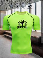Men's Black Muay Thai Compression T-Shirt Kickboxer Silhouette with Flame Print Quick Dry Gym Workout Top S fluorescencinė žalia spalva