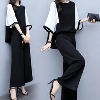 Women's Spring and Summer Two-piece Pants Stitching Loose Top Wide-leg Pants Casual Fashion Suit Women S juoda