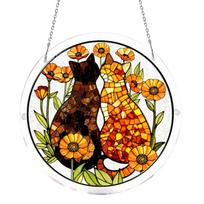 Round Acrylic Sun Catcher with Mosaic Cat Design Hanging Window Decoration Indoor Outdoor Use with Chain for Home Garden One Size