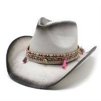 Summer Beach Panama Straw Cowboy Top Hat for Men and Women, American Western Style M（56-58cm）