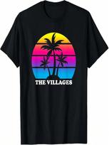 The Villages Florida Retro Palm Tree Sunset Vacation Beach T-Shirt S įvairiaspalvis