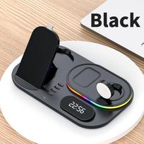 „4 viename“ belaidžiai įkrovikliai, skirti „iPhone 11 12 13 Pro Max“, 15 W greito įkrovimo doko stotis „Apple Watch“ / „Airpod“ su lempos laikrodžiu juoda