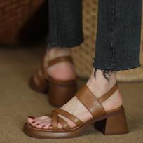 Retro Roman Style Cross Open-toed Thick-heeled Sandals for Women 34 ruda