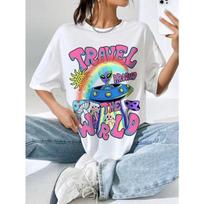 Animacinis ateivio printas Moteriški marškinėliai Laisvalaikio mada Universali trumpomis rankovėmis viršutinė dalis Laisva ir patogi apvali apykaklė Streetwear L brown