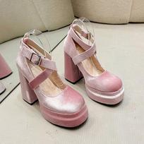 Fashion Suede Chunky Mary Jane Shoes Women Super High Heels Shallow Elegant 2025 Trend Winter Lolita Shoes Pumps Sexy Mujer De Zapatos 35 rožinė