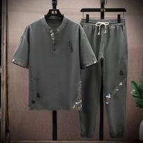 Ice Silk Two-piece Men's Casual Suit Summer Nine-point Pants Embroidered Short-sleeved T-sports XS pilka