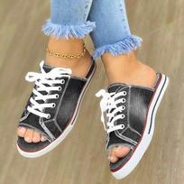 The bulk goods have been released, the new summer canvas Korean version of women's sandals one-word drags, flat-heeled sandals, and denim shoes. 35 pilka spalva