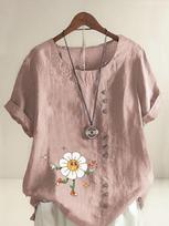 Women's Fashion Humanoid Flower Print Shot Sleeve T-shirt Loose Cotton Shirt Casual Loose Summer Blouse Tops Plus Size S rožinė
