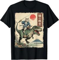 Funny Cat Riding T-Rex Japanese Ukiyo-e Art Samurai Cat T-Shirt XL beige