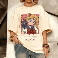 Sailor Moon Tsukino Usagi & Luna  Moonlight Densetsu  Music Player Oversized T-Shirt Girl Anime Streetwear Tee, 100% Cotton Casual Short Sleeve Top 4XL