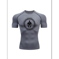 Men'S Grey Spartan  Battle At The Fort  Print Compression T-Shirt, Quick Dry Short Sleeve Gym Workout Tee, Muscle Fit Athletic Training Top for Men S