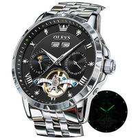 OLEVS Mechanical Automatic Watch with Moon Stylish Skeleton Luminous Black White Men's Phase, Design, Waterproof, Hands, &