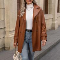 European, American autumn and winter new retro modern style high-end lapel double-breasted slim belt PU leather jacket S