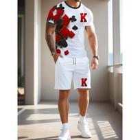 Men's Summer Poker Print Set: White Tee with Red & Black K Graphic & Matching Shorts. Loose Fit Big Size for Street Style S balta