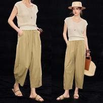 Wudao Women's 100% Cotton Loose Cropped Balloon Pants S tamsi chaki spalva