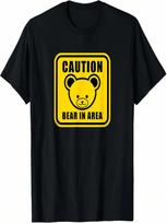 Cartoon Black Yellow Teddy Bear Warning Sign Graphic T-Shirt S įvairiaspalvis